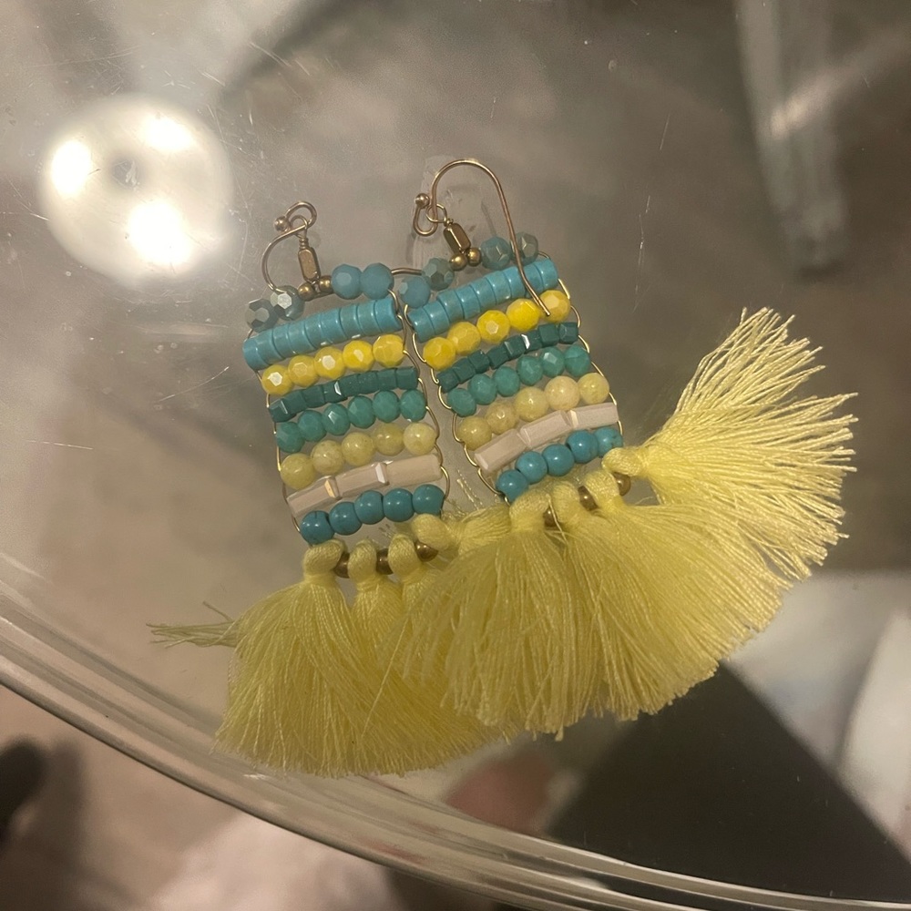 Beaded tassel blue and lime green earrings